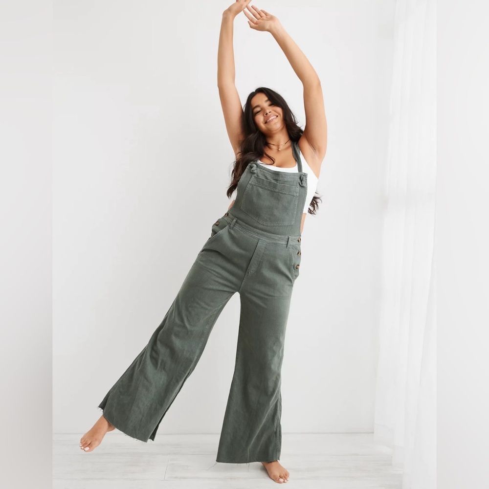Aerie Wide Leg Overalls - Green